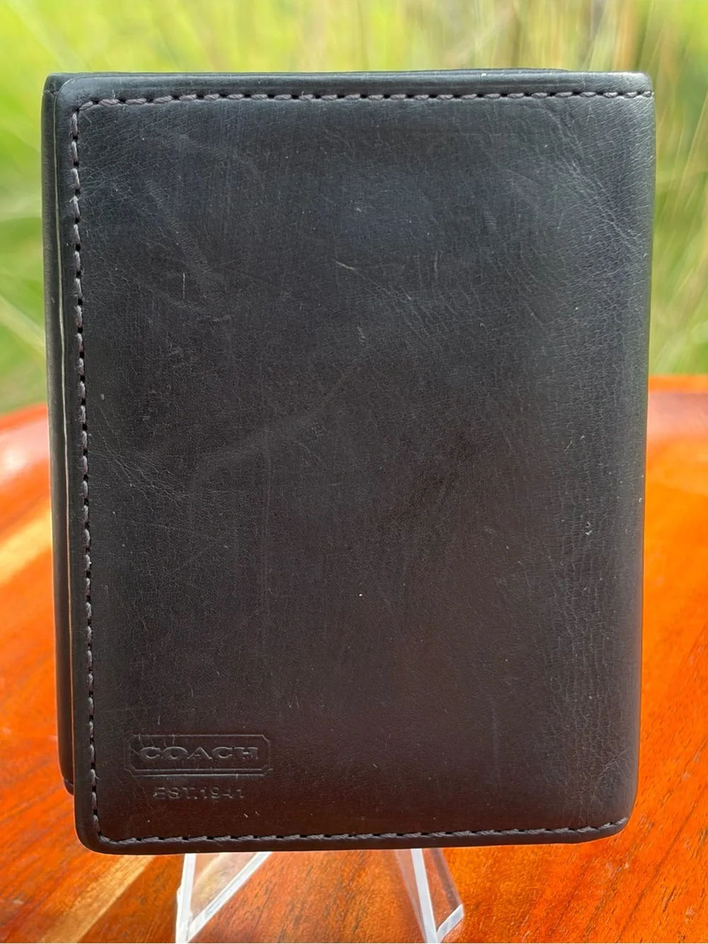 Vintage COACH Water Buffalo Black Leather Card Case Compact Trifold Wallet
